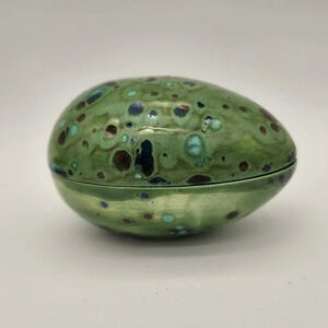 Retro MCM Green Crystaltex Ceramic Egg Trinket Box Orange Interior Signed‎ Vita
